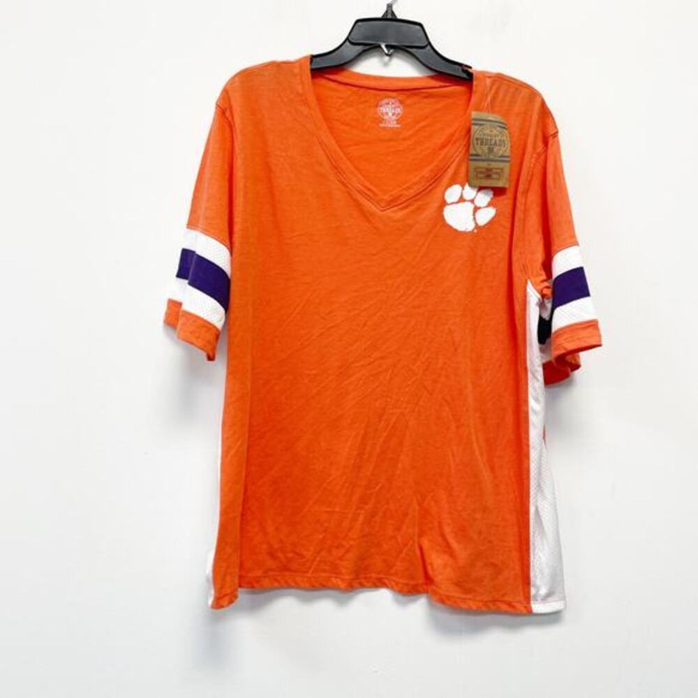 Rivalry Threads 91 Women's V Neck Paw Logo Striped‎ Sleeves Orange T-Shirt XL